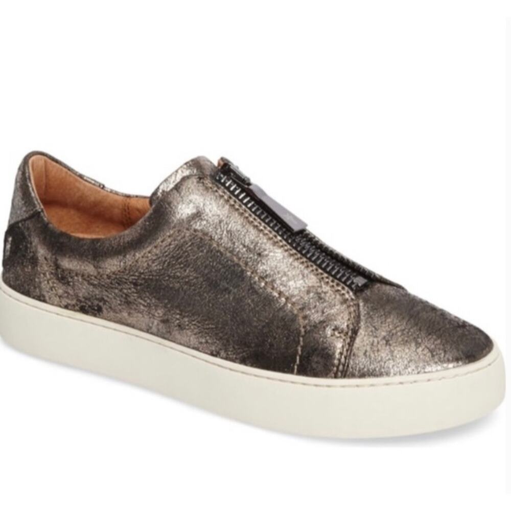 Frye‎ Lena Zip Low Crackled Metallic Leather Zip Sneaker Gold 7.5 Boho Festival
